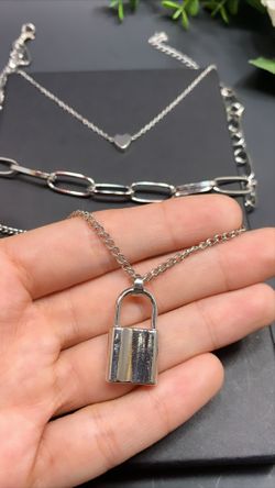 Heart Necklace Triple Layer Lover Lock Pendant, Silver Color
