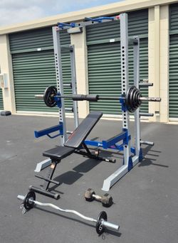 Bench press, squat rack, Olympic weights (Free Delivery)