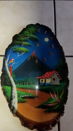 Handmade/Painted/Glazed Costa Rica Wood Clock -(Arenal Volcano)