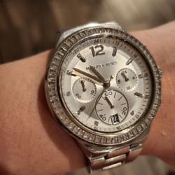 Michael Kors Watch Silver Tone Pavé Baguette Crystal Chronograph Stainless Steel  MK6211