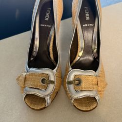 Fendi multicolored straw and wicker peep-toe pumps