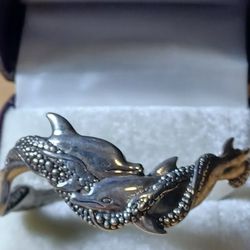 Vintage Sterling Silver Dolphin Cuff Bracelet Heavier Piece 