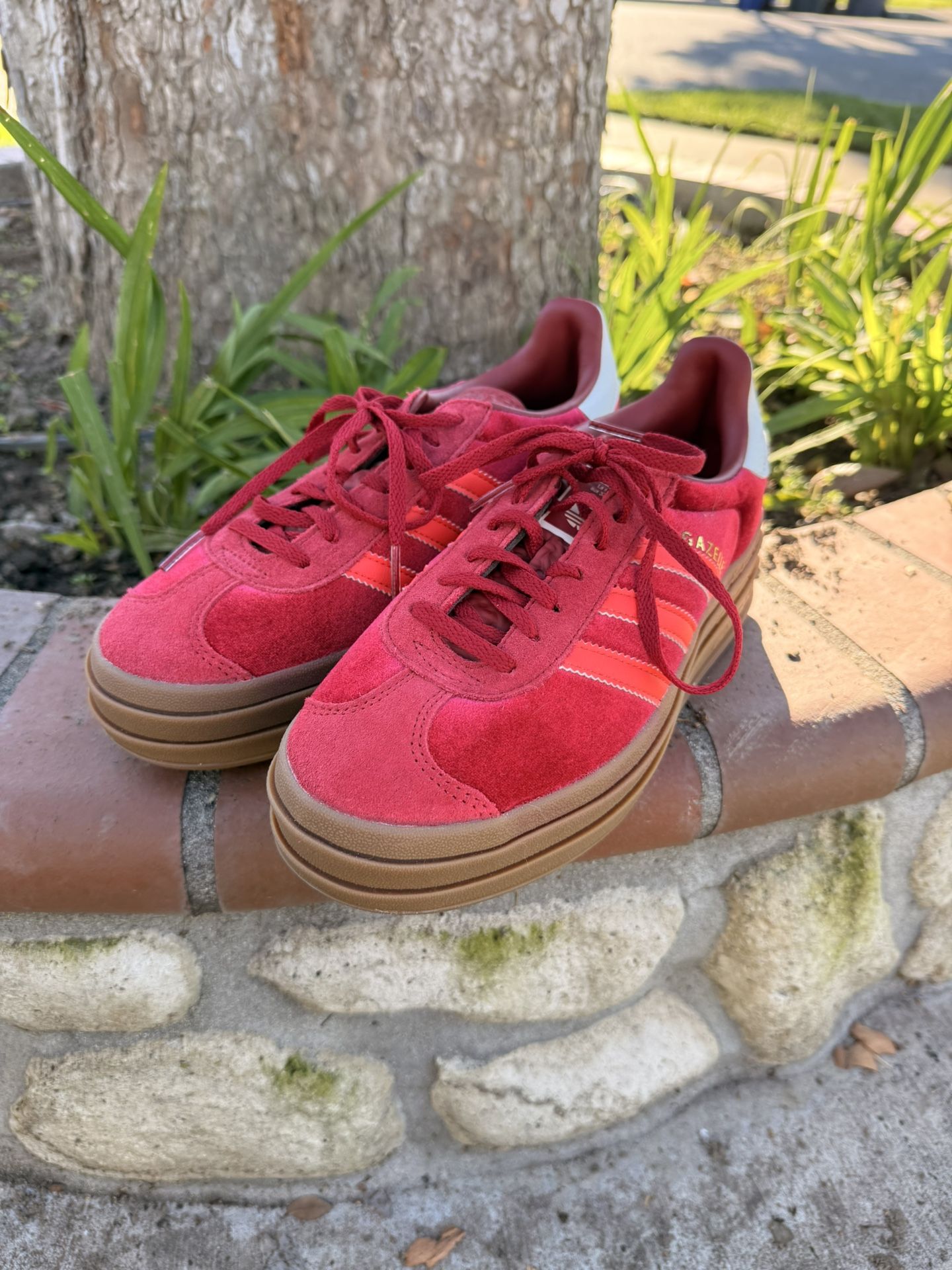 Adidas Gazelle Bold W sneaker in red suede with a triple-stacked gum rubber platform sole 