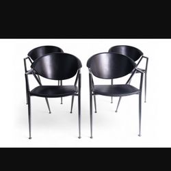 Set of 4 Calligaris Chairs in Chrome Metal and Black Leather