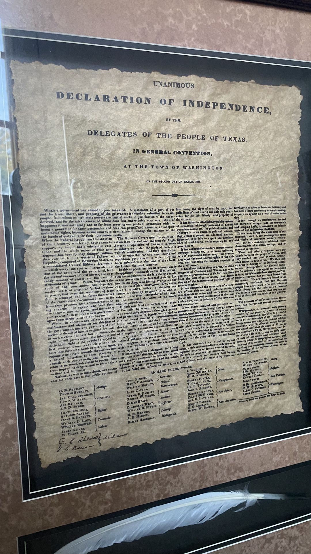 Framed Texas Declaration of Independence Replica – Large 24”x48” with Quill