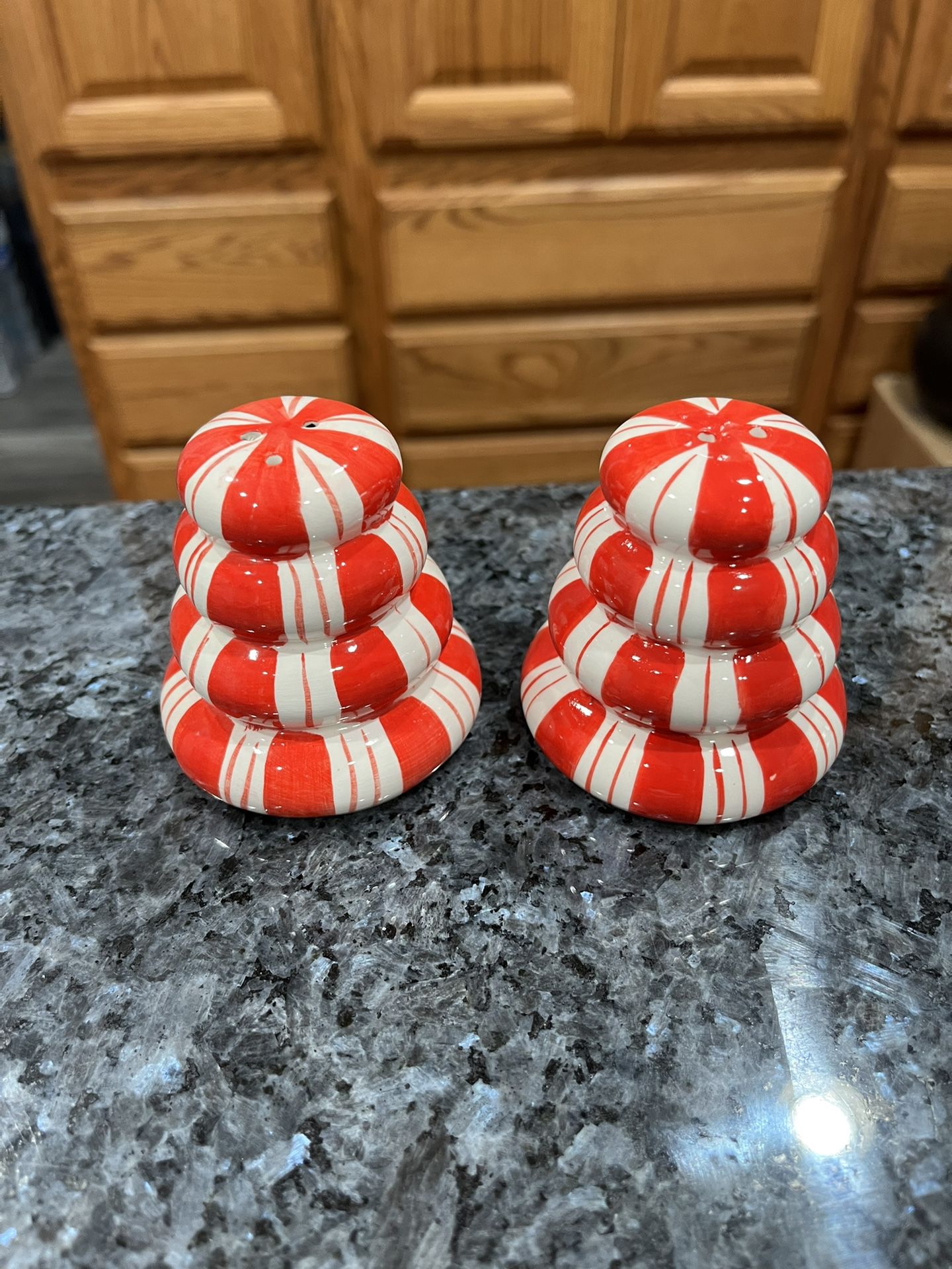 Vintage Ceramic Christmas Peppermint Candy Pair Of Salt And Pepper Shakers.  Brand New Never Used