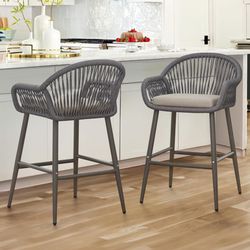 26”H Rattan Outdoor Counter Stools, Gray (Set of 2)