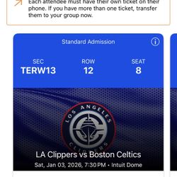 Two Clippers-Celtics Tickets TONIGHT Jan. 3rd