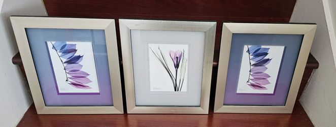 Set of 3 Camelia Leaf in Purp Floral Botanical Art Prints Framed 11x13