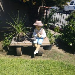 Garden Statue Boy Fishing And Bench Included