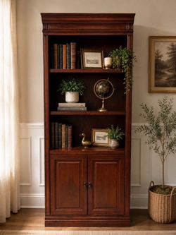 Tall Wood Bookcase with Cabinet – Excellent Condition
