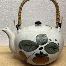 Vintage Handmade Japanese Tea Pot  Gray With Rattan Bamboo Handle Fruit And Leaf Design