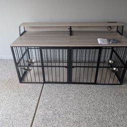 Dog Crate Kennel Furniture For 2 Dogs With Led Light & Power Outlets, 71.5" Double Dog Crates Tv Stand With Storage Space, Dog Crate Entertainment Cen
