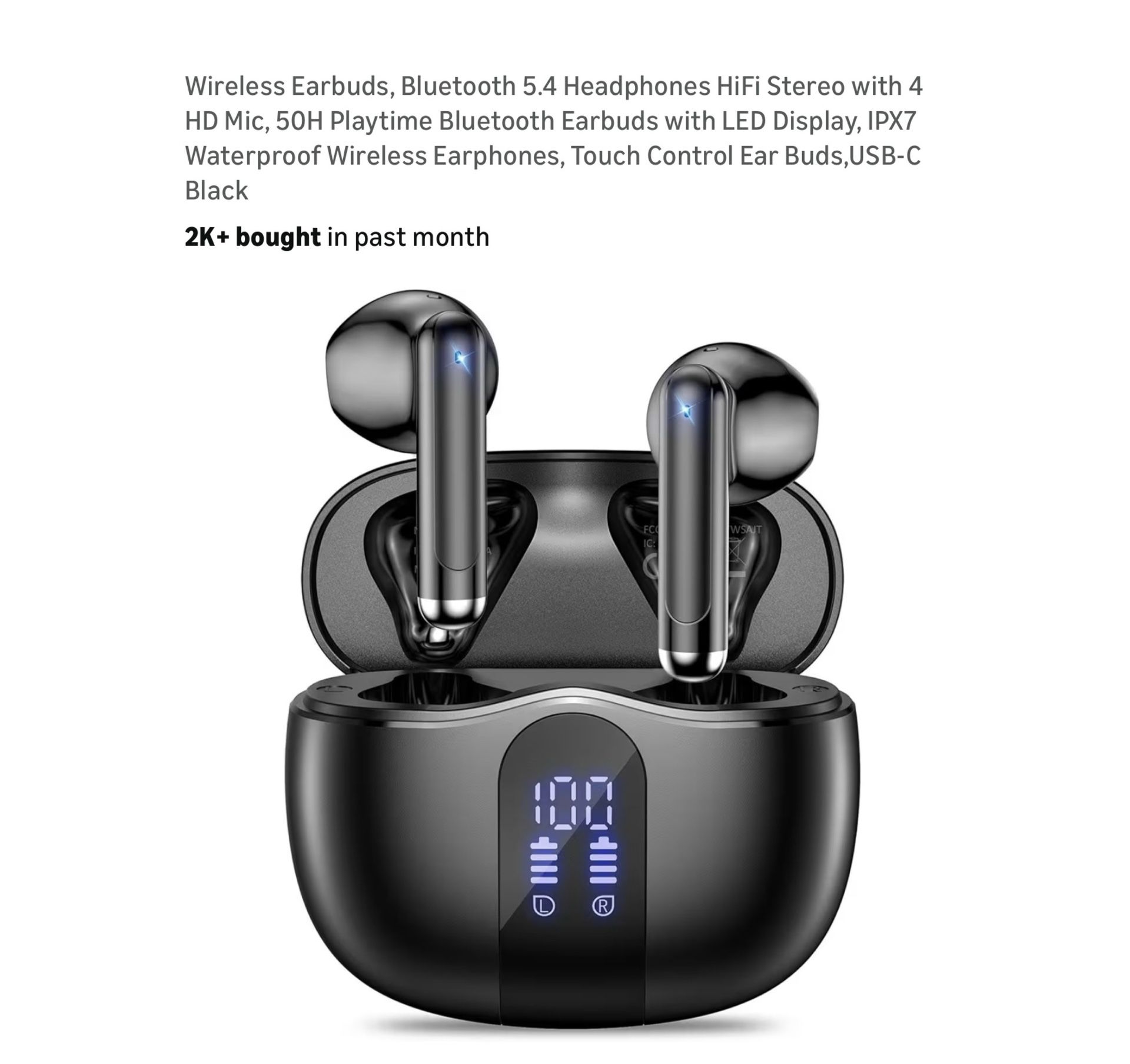 Brand new Wireless Earbuds, Bluetooth 5.4 Headphones HiFi Stereo with 4 HD Mic, 50H Playtime Bluetooth Earbuds with LED Display, IPX7 Waterproof Wirel