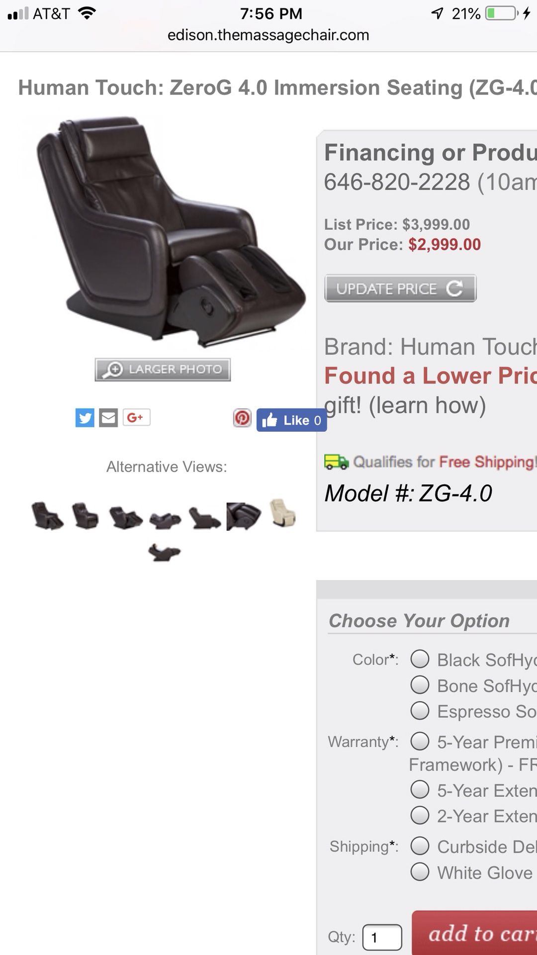 Massage chair - human touch zero gravity