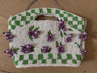 Beaded Clutch Handbag White Green Purple Floral and Checkered Pattern
