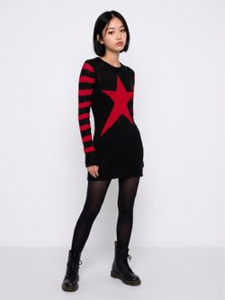 Red star striped sweater dress, size M