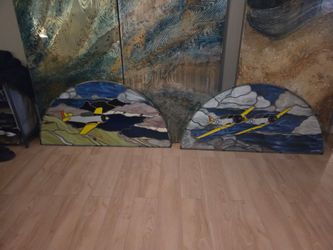 2 BIG Vintage stained glass windows wwii ww2 planes airplane