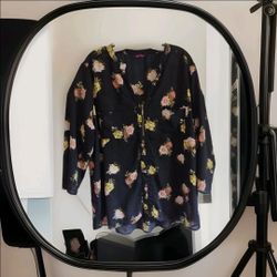 Lorenarose Women’s Black Floral Top Xl Pink Yellow Roses Half Zip 2 Front Pocket