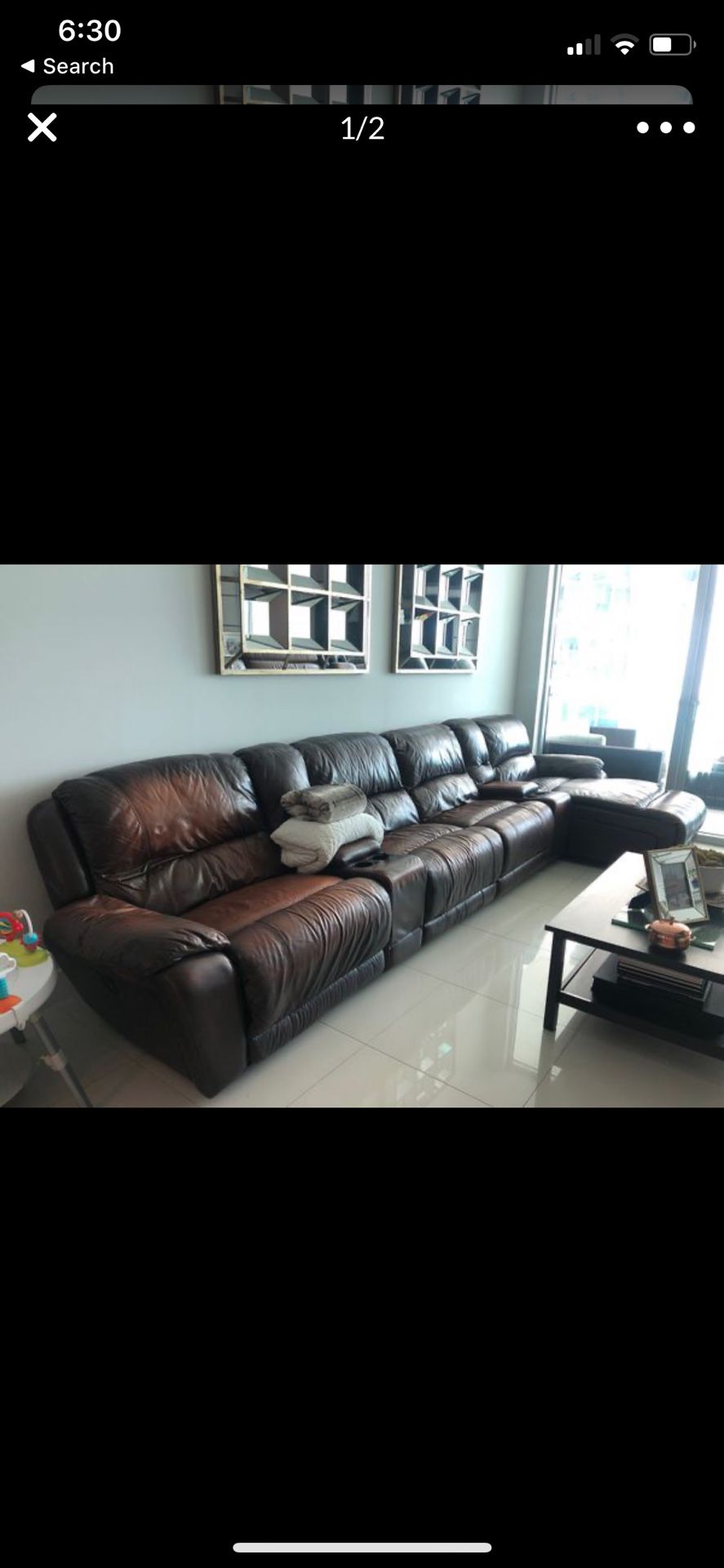 Large Electric Recliner Brown Leather Couch
