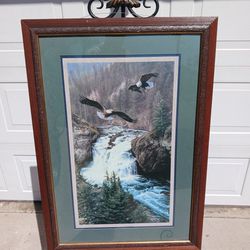 Framed Matted Print Of 2 Bald Eagles In Flight Over Mountain River