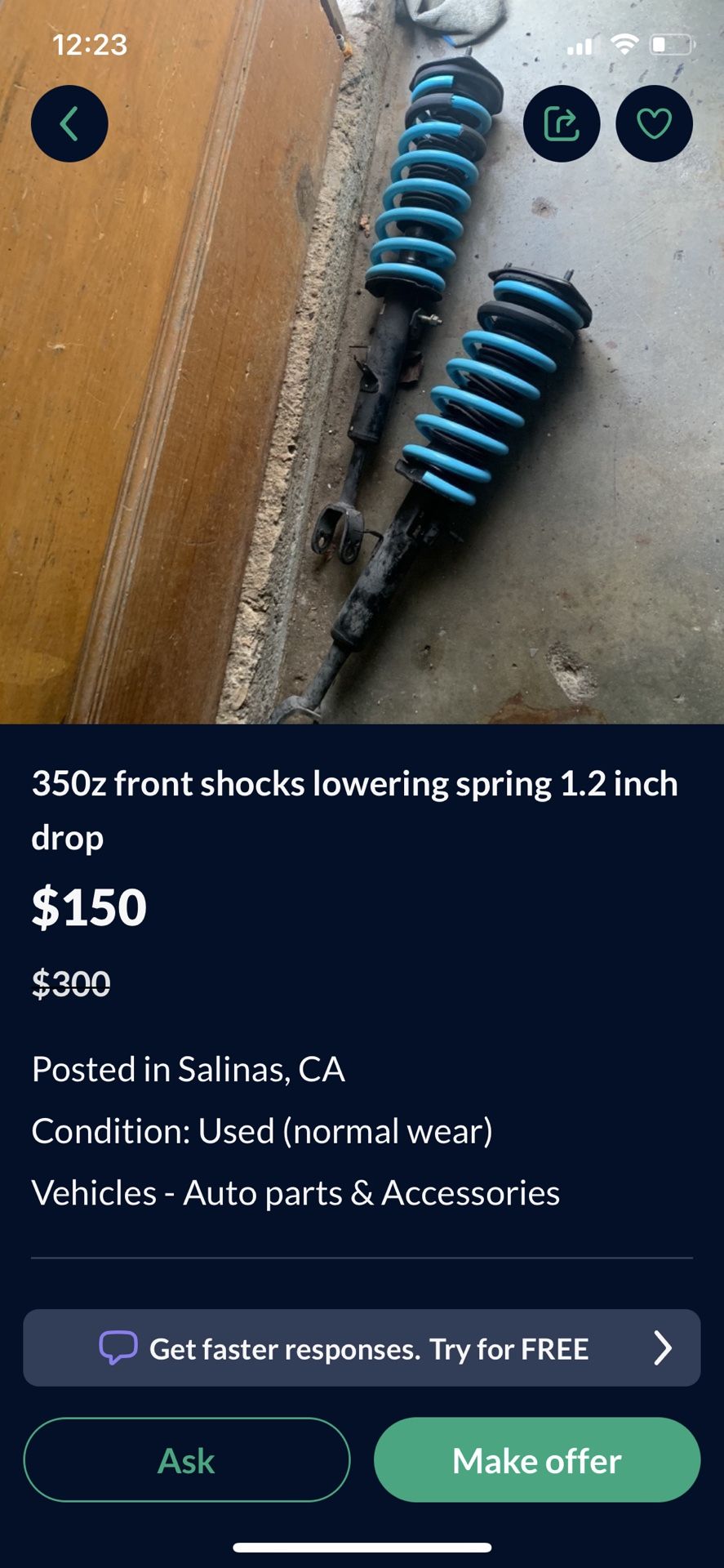 350z Front Shocks With Lowering Springs 1.5 Drop