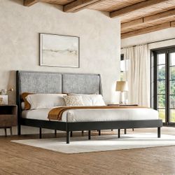 King Size Bed Frame with 51.2" Tall Double Backrest Headboard, Metal Platform Bed Frame, No Box Spring Needed, Noise-Free, Stain-Resistant Linen，Grey