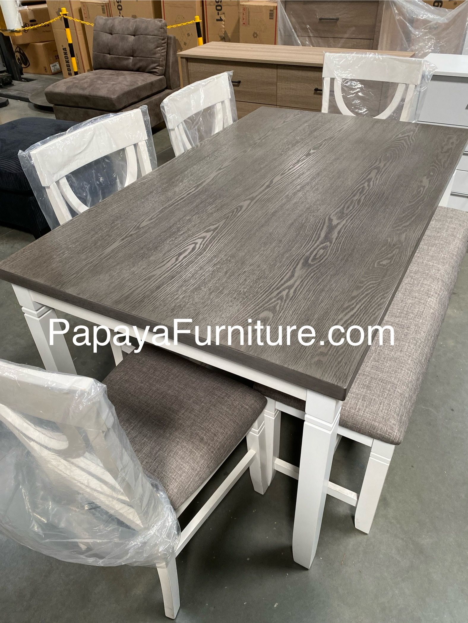 New! 6pcs White Rustic Dining Set, Dinette Set, Kitchen Table And Chairs, Table, Chairs, Bench, Casual Dining Set, Rectangular Dining Table, Dining Ro