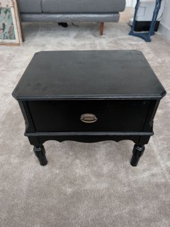 Vintage Black Nightstand / End Table with Drawer & Brass Hardware