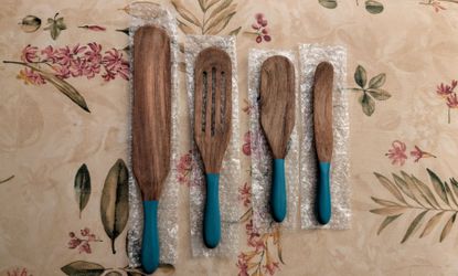 Acacia Wood Cooking Utensil Set with Teal Handles