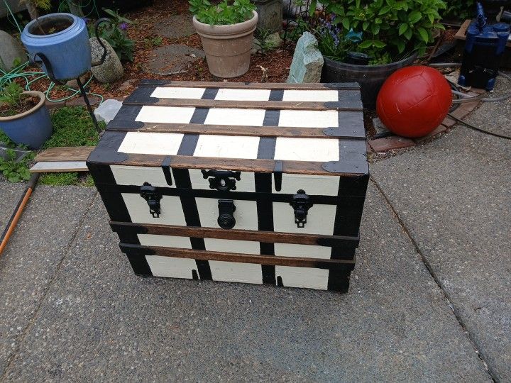Steamer Trunk Refurbished And Restored Metal And Paint, Leather Handles Reasonable Condition Rustic Steamer Trunk Steam Ship Antique Storage Box