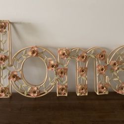 “Home” Shabby Chic Pink Rose Flowers Metal Wall Hanging Sign / Home Decor