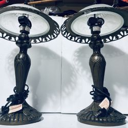 Two Vintage desk  frosted glass lamps/ flower, bronze 