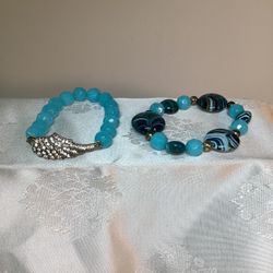 Set Of 2 Aqua Art Glass And Rhinestone Stretch  Bracelets