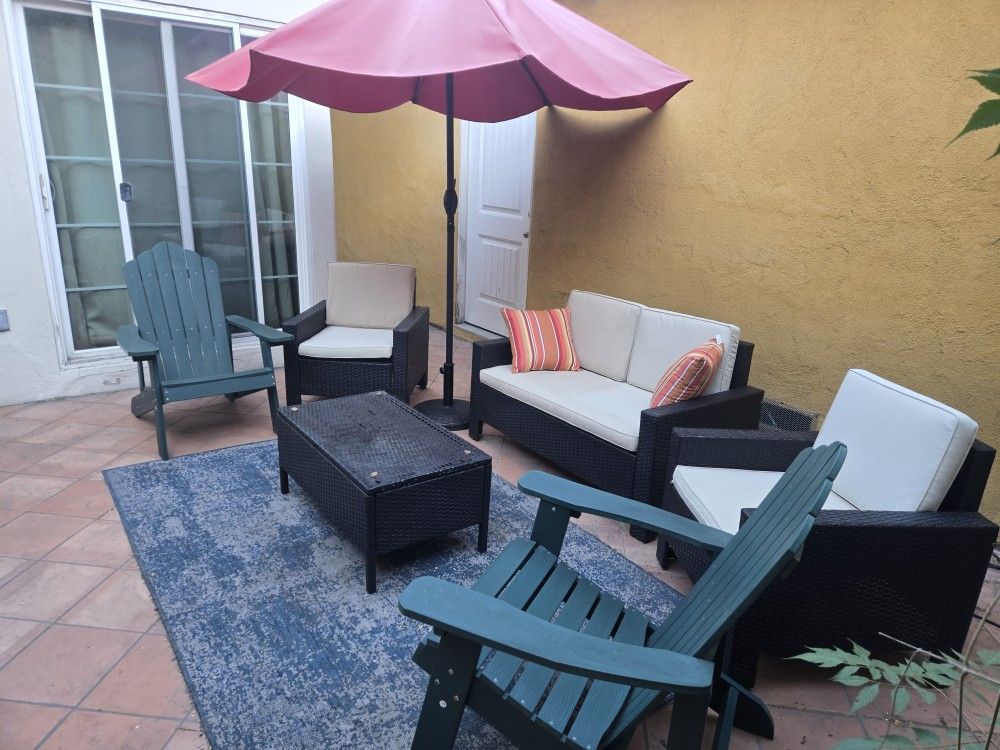 Complete Patio Set - Adirondack Chairs, Rattan Set, Umbrella + Free Outdoor Rug