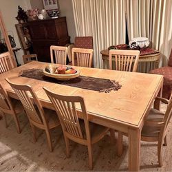solid wood, vintage Stanley furniture, dining room, set table chairs, and China cabinet hutch