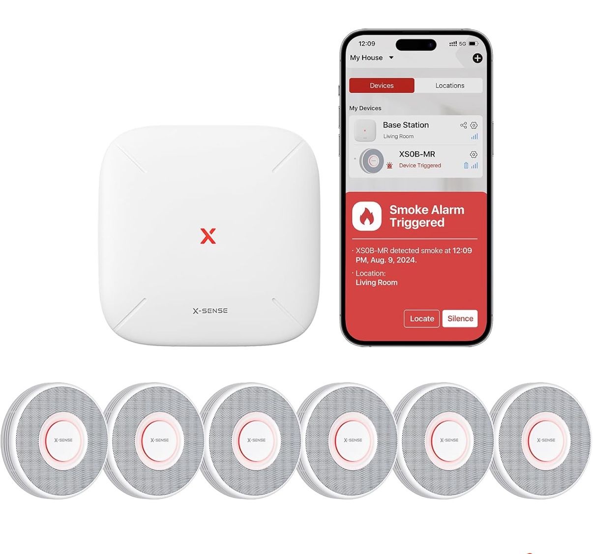 X-Sense Smart Smoke Detector with Voice Alerts and 17 Locations, Wi-Fi Smoke Alarm with SBS50 Base Station, Test from APP, Wireless Interconnected Fir