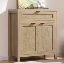 Sideboard Buffet Storage Cabinet, Rattan Accent Cabinet with Doors and Drawer, Boho Credenzas Buffet Table Console Coffee Bar Cabinets for Entryway Li