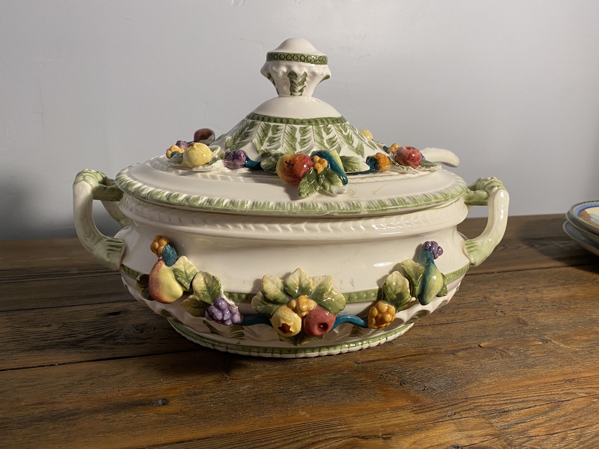Thanksgiving Soup Tureen with Ladle Hand Painted Fruit, Made in Japan