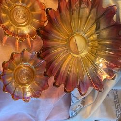 Vintage Iridescent Rainbow Sunburst Platter And Two Candles Stick Holder, Federal Glass