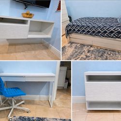 Modern White Bedroom Set – Bed, Desk, Nightstand & TV Stand (Glass Tops Included)