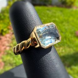 Jewelry 18k solid yellow gold white emerald cut blue aquamarine stone 4.00CTW twisted rope band ring size 6.50