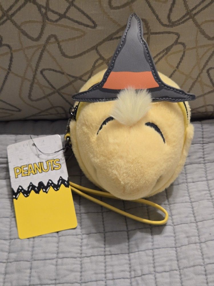 Peanuts Woodstock Coin Purse Plush Figural with Strap Wearing a Witch Hat