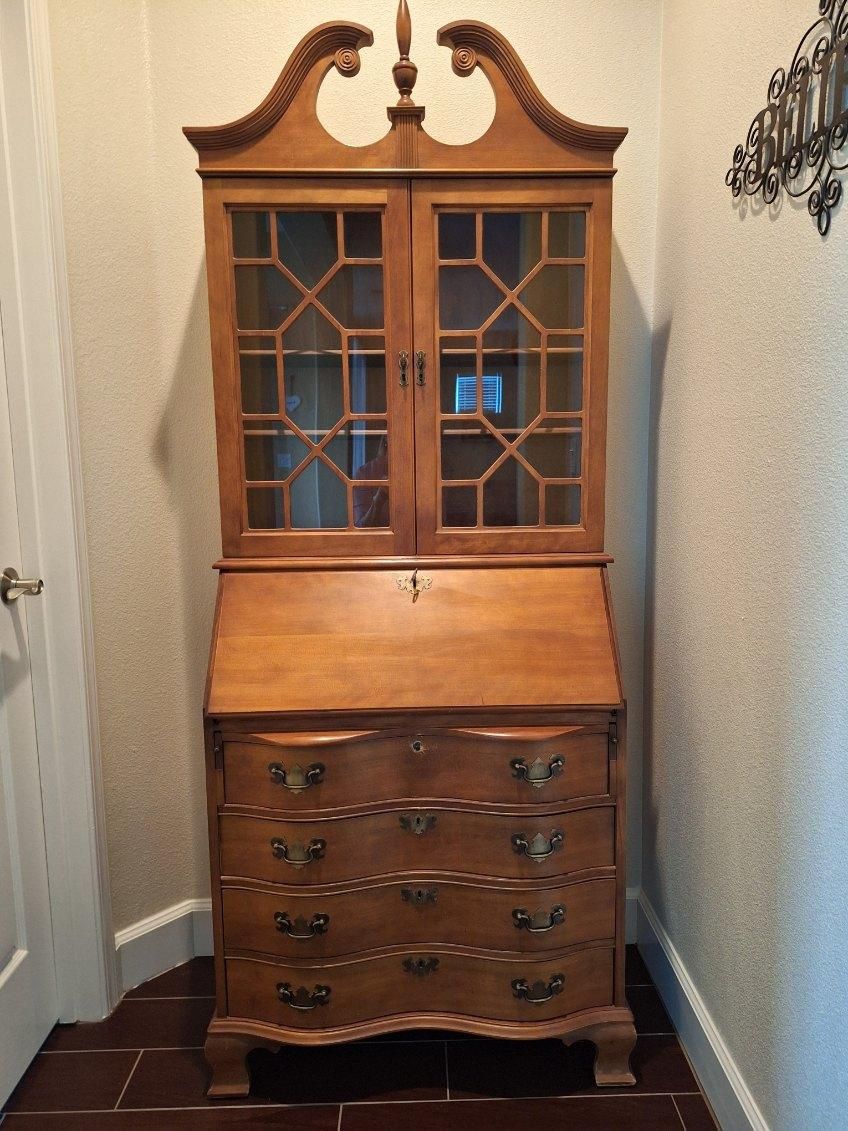 Vintage secretary desk with glass hutch