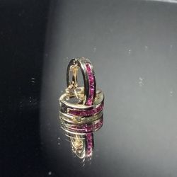 10k Gold Mini Huggie Hoops Earrings With Hot pink Cz 10.3mm 