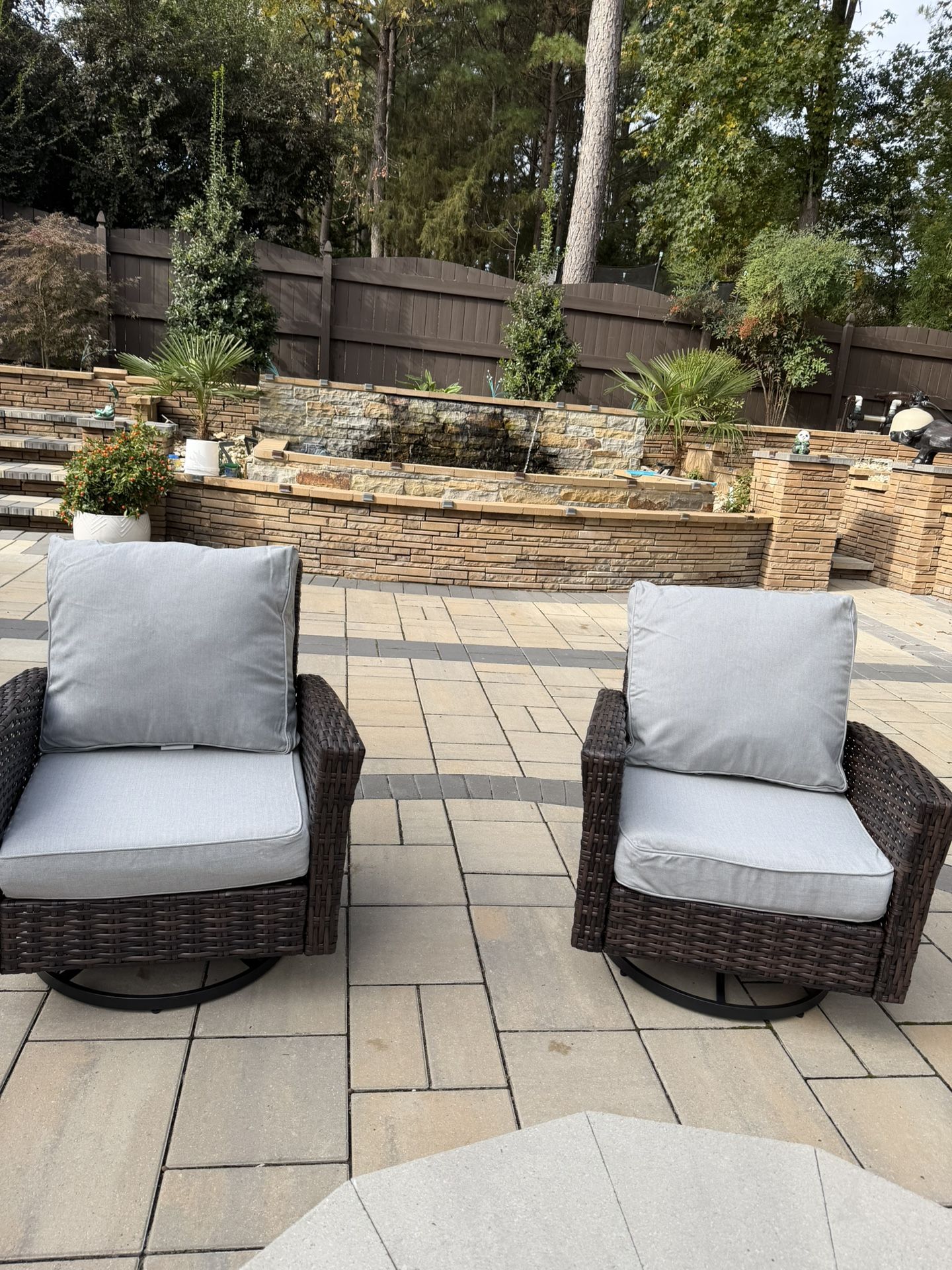 Brand New Patio Wicker Swivel Chairs Set of 2, Outdoor High Back Chairs with 5.5" Waterproof Cushions, Outdoor Furniture Set for Deck Porch and Yard, 