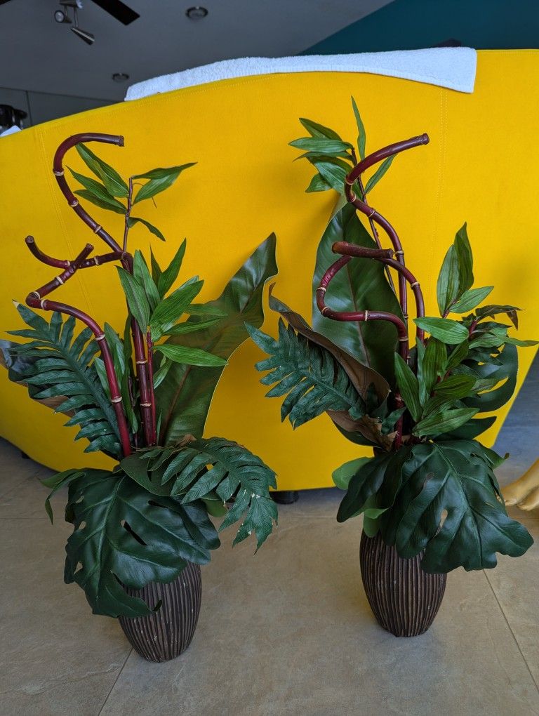 Pair Of 32" Artificial Plant Greenery W/Bamboo In Vases Tropical Home Decor