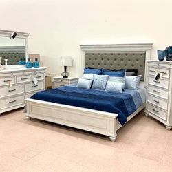 Kanwyn Whitewash Upholstered Panel Bedroom Set (Queen and King Bed Frame