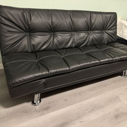 Modern Black Faux Leather Futon Sofa – Excellent Condition!
