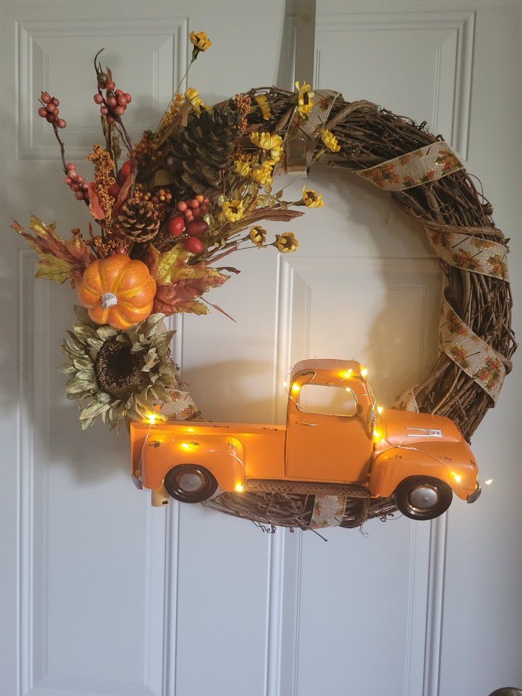 Farmhouse Orange Truck Fall 18" Grapevine Wreath  with Lights